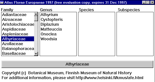 Taxon selection screen